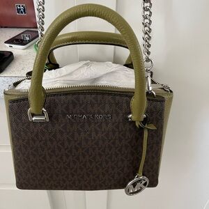 Michael Kors Brown MK Logo Satchel with Olive Green Trim